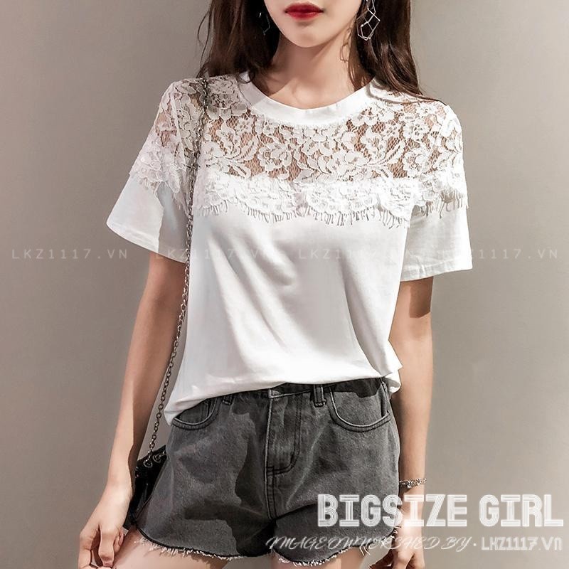 Áo thun nữ tay ngắn Bigsize Áo kiểu cổ tròn Ren đen mùa hè Phong cách Hàn Quốc Thời Trang đẹp