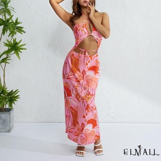 Gml-nữ đầm dài dây cổ rỗng lưng in hoa mùa hè đầm khe đi biển