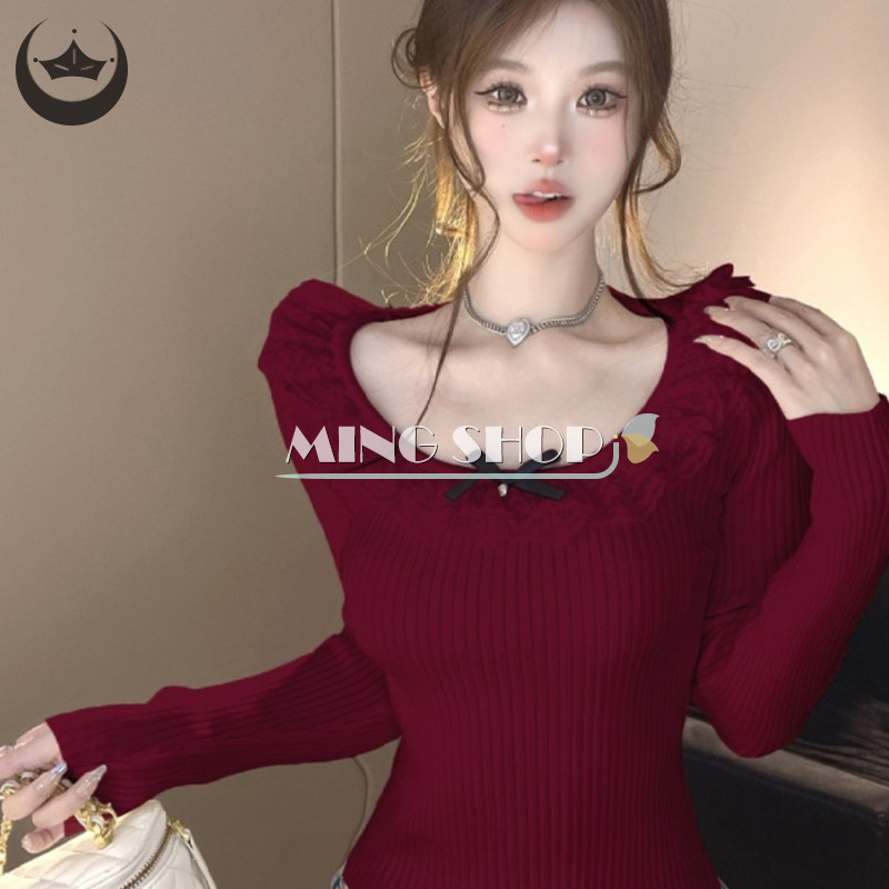 Sang Trọng Slim Fit Ngắn Top Ngọt Ngào Ren Nơ Chắp Vá Áo Len Dệt Kim Dài Tay GDO