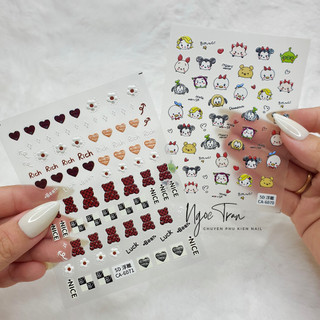 Sticker nail 5d lụa nổi | gấu da nâu & mickey | hình dán móng tay ca