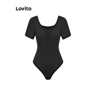 Áo liền quần Lovito cổ tim xếp nếp màu trơn thường ngày cho nữ LBL05220 (màu đen)