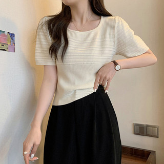 Áo thun nữ tay ngắn, áo thun dệt kim vai trắng, mẫu mùa hè mới, áo len dệt kim lụa băng tay phồng thanh lịch và nhẹ nhàng, áo ngắn