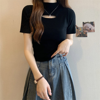Áo Thun Dệt Kim Mùa Hè Phong Cách Mới Rỗng Nửa Cổ Cao Tay Ngắn Slim-fit Dệt Kim Top