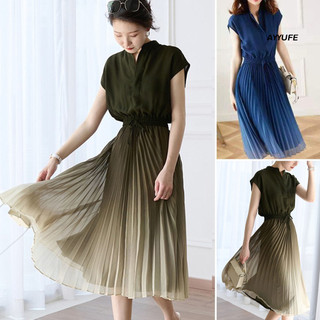 Ayyufe Cổ Đứng Cổ Chữ V Tay Bay Co Giãn Eo Dây Rút Đầm Mùa Hè Màu Chuyển Đổi Xếp Ly Chảy Viền Midi Đầm Quần Áo Nữ