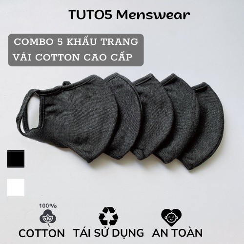 Set 5 Khẩu Trang Vải Thun TUTO5 Menswear KT03 - Khẩu Trang Vải Đen Cotton Dệt Kim 2 Lớp Kháng Khuẩn, Tái Sử Dụng