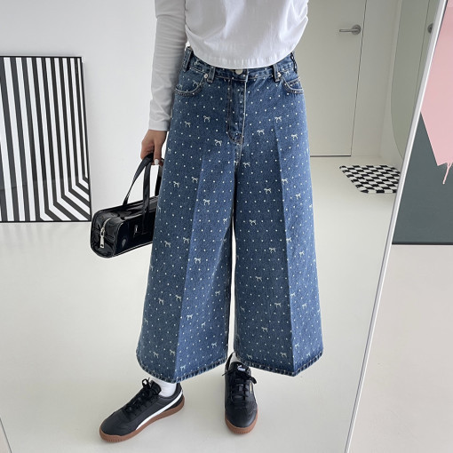 ✨ Playful Dễ Thương Nơ Chấm Bi In Hình Eo Cao Chữ A Quần Jean Crop