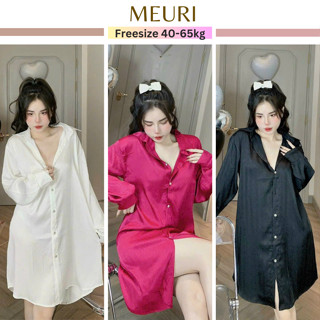 Váy ngủ lụa MEURI đầm pijama mặc nhà cài cúc tay dài lụa xướt cao cấp thoáng mát.