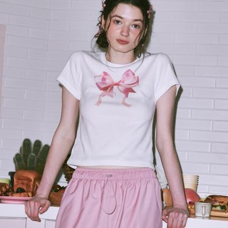 Áo thun babytee in hình nơ hồng chất thun co giãn màu trắng