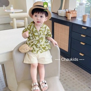 Đồ Bộ Cho Bé Trai KIMCHIBABY Vải Thô Đũi Hoạ Tiết Hoa Lá, Bộ Quần Áo Mặc Đi Biển Cho Bé CK444