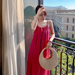 Đầm maxi đi biển màu hồng hở lưng , Váy dài dáng suông kiểu Pháp