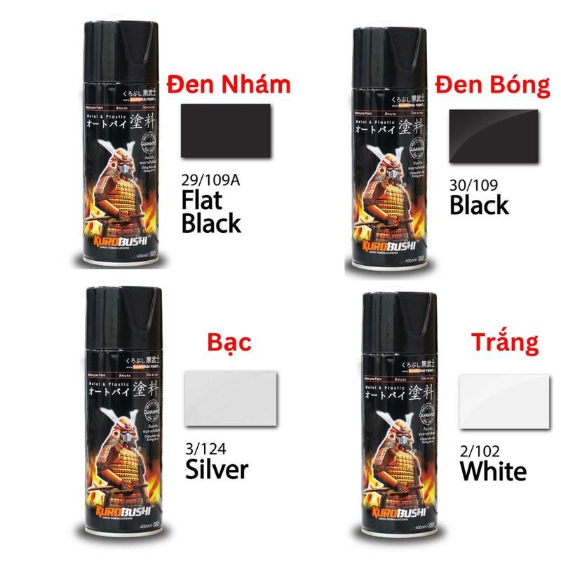 Sơn Xịt Samurai Nhiều Màu Đen Nhám, Đen Bóng, Bạc, Trắng  ,Xanh GP ,Sơn Lót ,Phủ Bóng Sơn Chịu Nhiệt