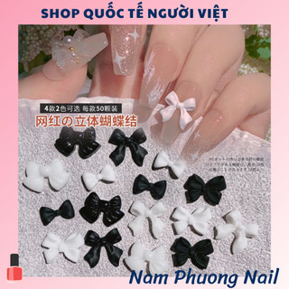 Túi 50 chiếc charm nơ đen trắng đính móng, charm nơ nhựa cơ bản, phụ kiện nail salon