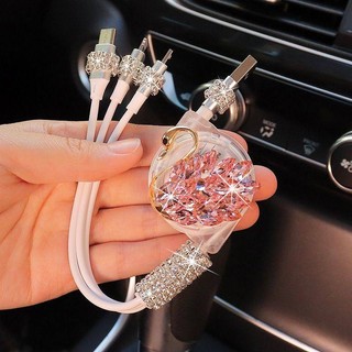 Diamond Charger Retractable One-to-Three Bold Multi-Function Fast Charging Cable Car Cigarette Lighter Mobile Phone Charging Cable Trang trí xe hơi PbAG