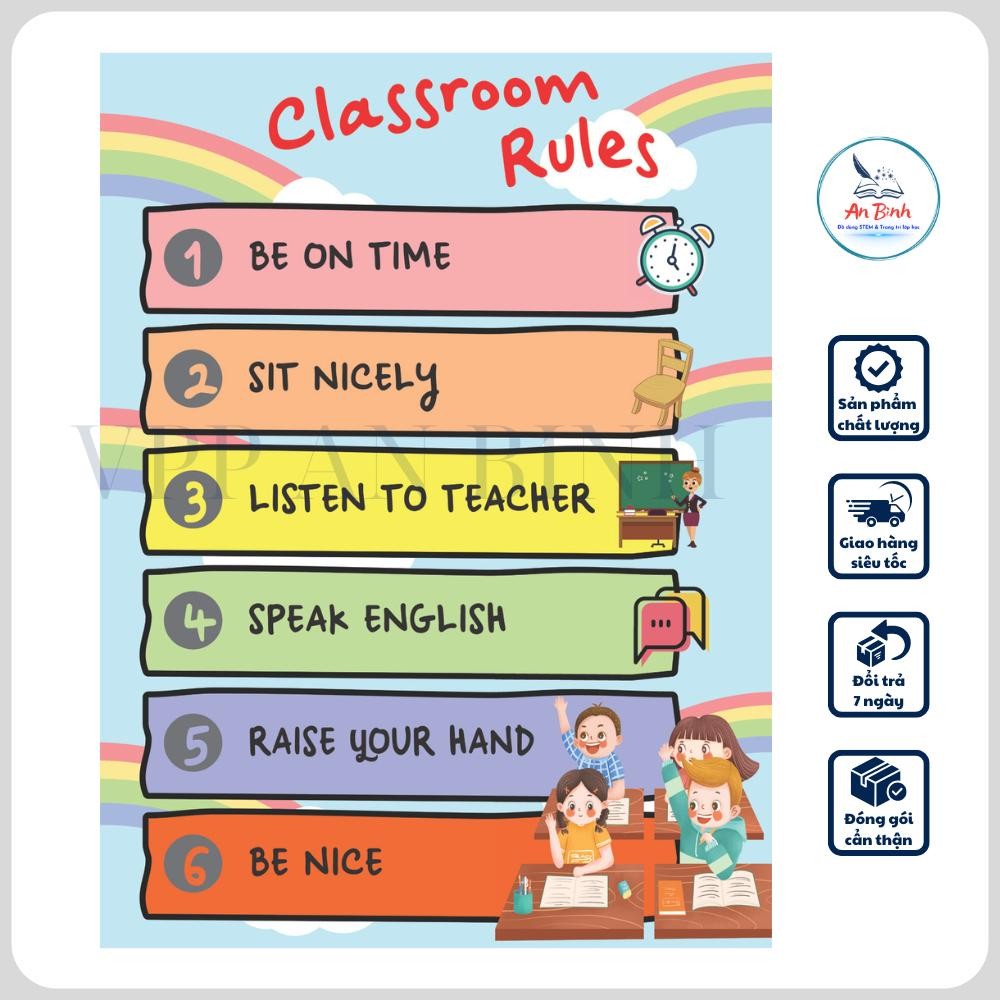 Decal bóc dán Nội quy lớp học - Classroom Rules, Tranh treo lớp tiếng anh - Decor, Kích thước 60x80c