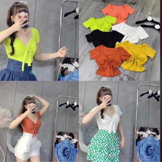 Áo croptop nữ thun gân ko mút ngực phối nơ xinh