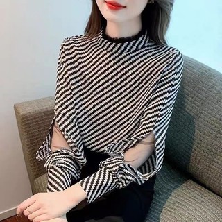  Áo sơ mi voan sọc đen trắng mùa xuân dành cho nữ Plus Size Áo dài tay thanh lịch 