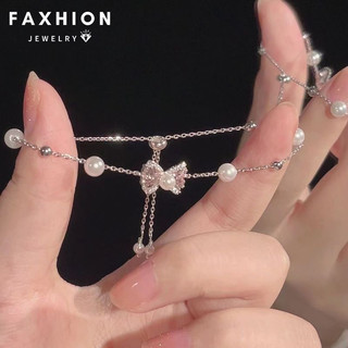Faxhion Hồng Zircon Nơ Vòng Cổ Vòng Tay Ngọc Trai Có Thể Điều Chỉnh Kéo Ra Loại Dây Xích Vòng Tay Choker Cho Nữ Trang Sức Phụ Kiện