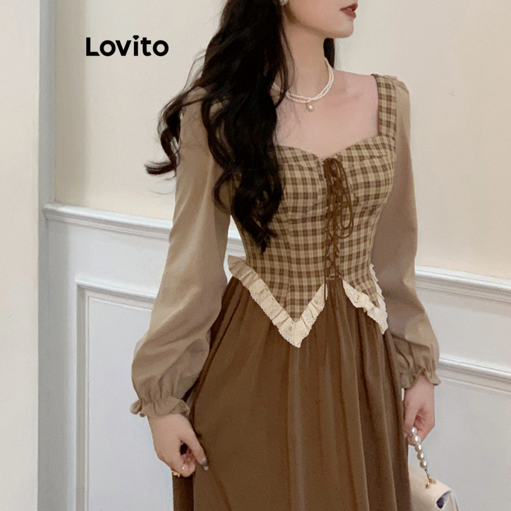 Đầm Lovito đan dây trước kẻ sọc vuông thường ngày cho nữ LNA21204