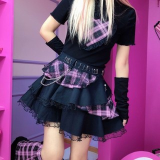 Hồng Rock Punk Hot Girl Ren Nhật Bản Váy Công Nghiệp Nặng Bông Tai Kẹp Lông Tơ Thiên Niên Kỷ Người Yêu Bánh Váy Y2K S38P