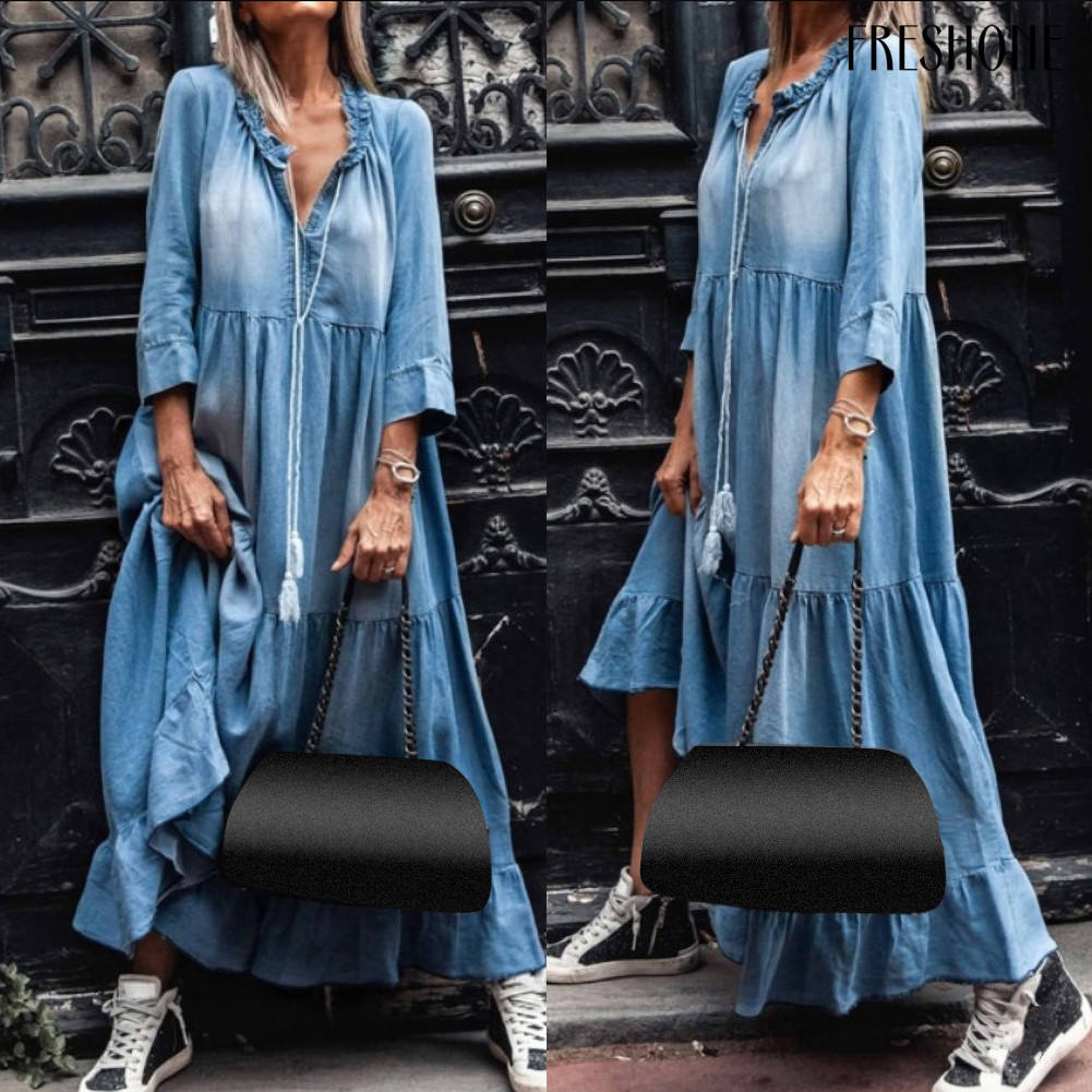 Vintage Nữ Ren Cổ Chữ V 3 / 4 Tay Lớn Viền Tua Rua Đầm Maxi Denim