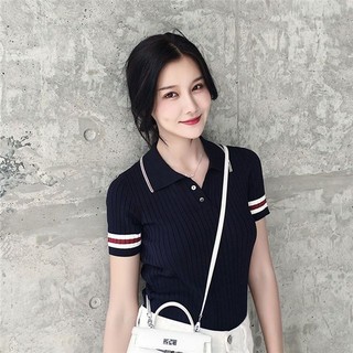 Jiashuchen Xuân Hè Phong Cách Mới Nữ Phiên Bản Hàn Quốc Cổ POLO Thời Trang Dệt Kim Áo Thun Tay Ngắn Thời Trang Ngắn Slim-Fit Đáy Top T