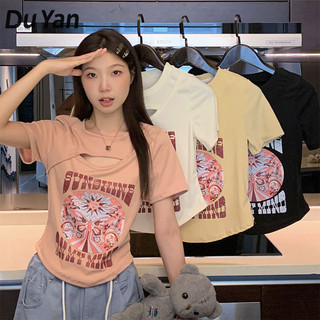 Du YAN Áo thun ngắn tay vai nữ Spice Girl Rỗng Thiết kế mùa hè cảm giác thích hợp in áo kiểu ngắn mỏng