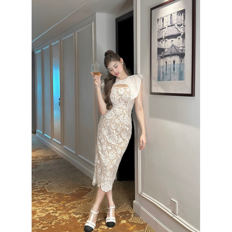 Đầm body ren phối von kèm hoa TranAli [Ảnh thật cam thường hình cuối]