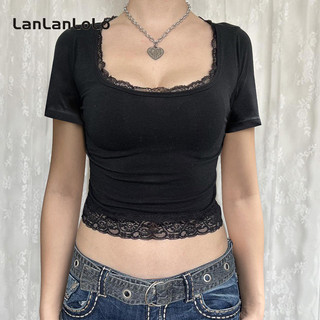 Lanlanlo Nữ 2024 Màu Trơn Thời Trang Đơn Giản Cổ Chữ U Tay Ngắn Ren Mỏng Thường Ngày Phù Hợp Với Áo Ngắn