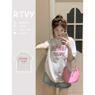 「RTVY」Áo thun Cotton ngắn tay màu trắng nguyên chất dành cho nữ mùa hè Oversize Thư mới Phong cách đường phố hàng đầu