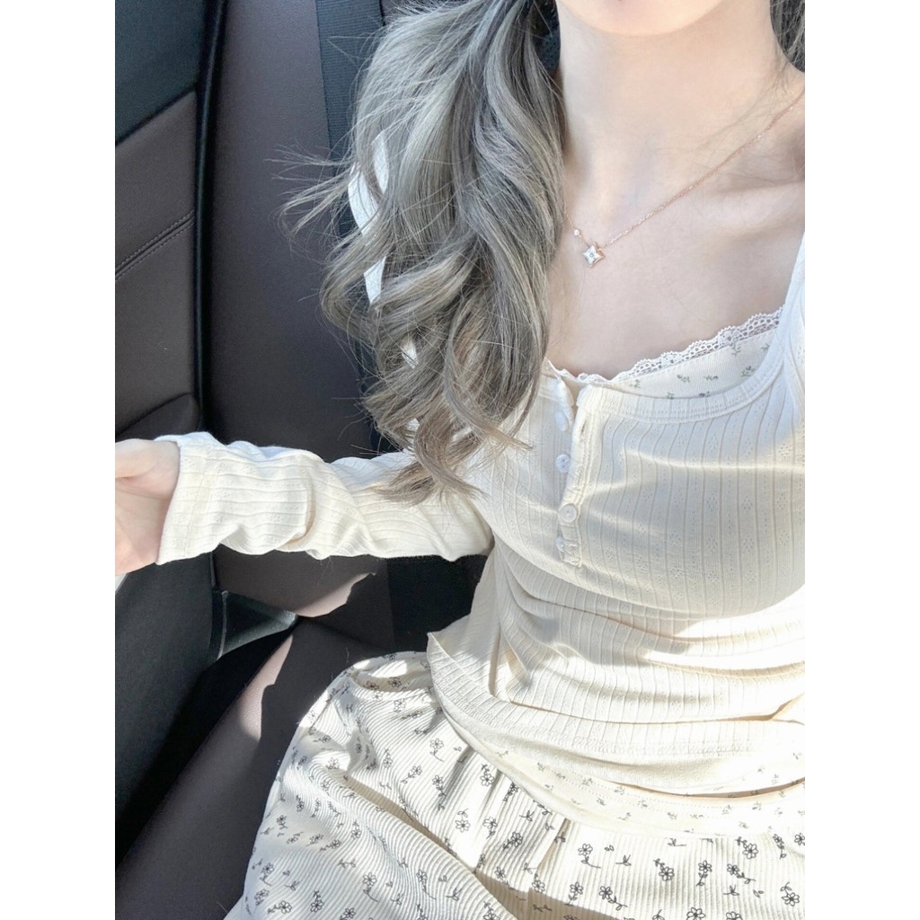 Áo brandy, thun dài tay giả hai dây phối ren hoa nữ, ôm dáng, coquette hoa nhí, kiểu nữ xinh 2 lớp, thu đông len mỏng
