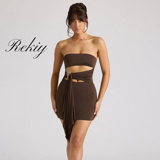 Rekiy Nữ Mini Đầm 2024 Màu Trơn Tắt Vai Không Tay Gợi Cảm Rỗng Ra Bodycon Ống Váy