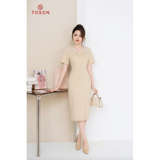 Đầm be kẻ nhỏ đính nơ,tay phối tơ 44083E04 Toson