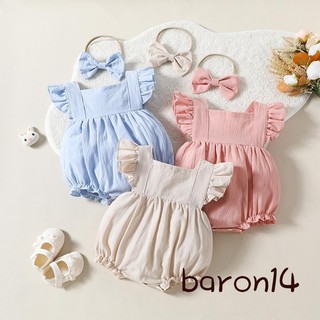 Bộ 2 bộ bé gái cổ vuông bay tay viền màu trơn romper + băng đô nơ 3d trẻ sơ sinh tập đi trang phục