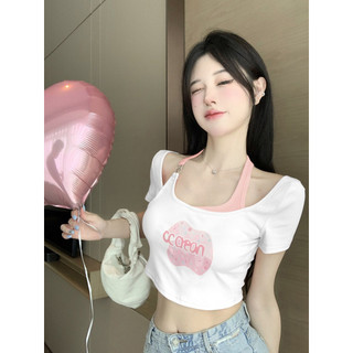 Giả hai mảnh, cổ dây, tay ngắn nữ, mùa hè, phong cách mới, thon gọn, giảm béo, phong cách thuần khiết, thiết kế, rốn lộ ra, hot girl, áo, áo thun GRFZ
