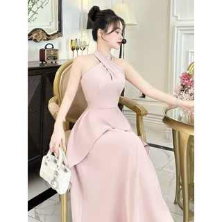 Váy Cổ Yếm Hồng M63 Nữ Dài MAY Dự Tiệc Thiết Kế Peplum Che Bụng Gọn Dáng [MAY XÁC NHẬN ĐỒNG Ý ĐỒNG KIỂM]