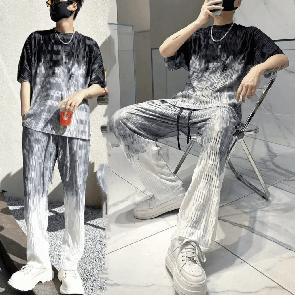 Nam Phù Hợp Với Gradient Ice Silk Áo Thun Tay Ngắn + Quần Dài Mùa Hè Mỏng Phù Hợp Với Kích Thước Lớn Đường Phố Cao Cấp