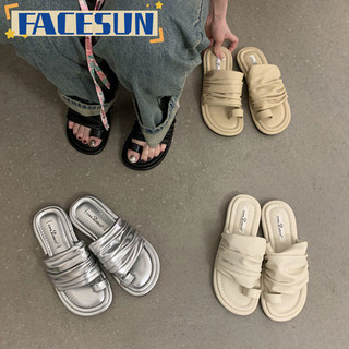 Facesun Dép thông bạc dành cho nữ phong cách mới đế lật đế phẳng xếp ly sandal một dòng để mặc mùa hè