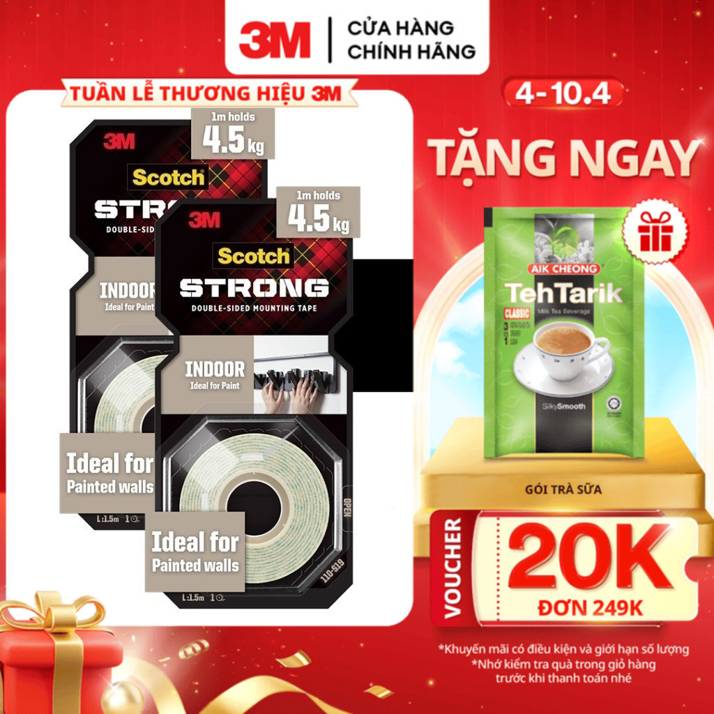 Combo 2 Băng keo hai mặt sử dụng trong nhà 3M™ Scotch® 110-M19,19mm x 4m-Dính siêu tốt,độ bền cao,chống tia UV,kéo nhẹ n