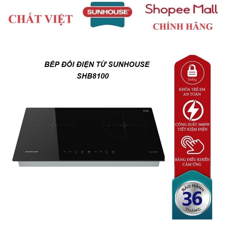 Bếp điện từ đôi Sunhouse SHB8100, Mặt kính cao cấp, chịu nhiệt tốt, Bảng điều khiển cảm ứng, Tổng công suất 3600W