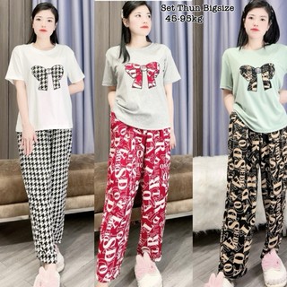 [Ưu Đãi Độc Quyền TTS] - Set Bộ Dài Bigsize Nữ Áo Thun Cổ Tròn Thêu Nơ Trước Ngực Phối Quần Mango Mịn Mát Giá Rẻ 50-95kg