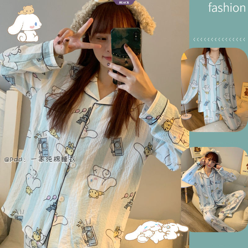 Sanrio Cartoon Cinnamoroll Bộ Đồ Ngủ In Hình Nữ Xuân Thu Phần Mỏng Dài Tay Cardigan Thường Ngày Sinh Viên Homewear Suit [BL]