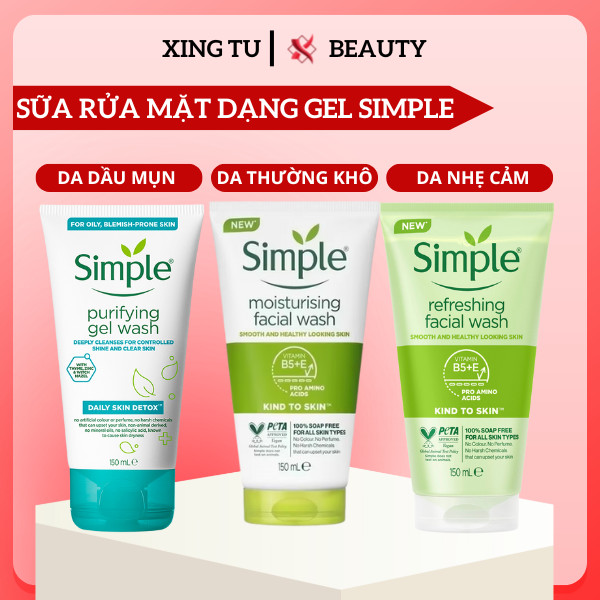 Sữa Rửa Mặt Simple Gel Rửa Mặt SRM Simple Cho Da Dầu Mụn Dưỡng Ẩm Da Khô Nhạy Cảm Dịu Nhẹ 150ml - Xi