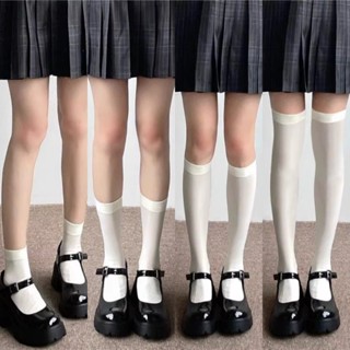 Jk Nữ Đen Trắng Đầu Gối Cao Gothic Tất Nữ Cô Gái Trên Đầu Gối Dễ Thương Dài Tất Mỏng Thoáng Khí Màu Trơn Vớ