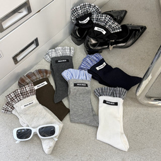 Miu ~ ins Phong Cách Hàn Quốc Thiết Kế Niche Xanh Trắng Kẻ Sọc Nấm Cạnh Tất Phong Cách Preppy Cotton Giữa Ống Tất Nữ