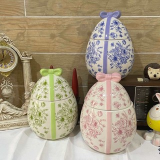 Hũ đựng bánh kẹo hình quả trứng có nơ dễ thương , bắt mắt bằng gốm-Egg-shaped candy jar with cute