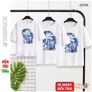 Áo thun đồng phục gia đình 3/4/5 người đi biển mẫu holiday màu trắng thun cotton mềm mịn GD308