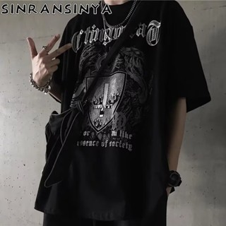 Sinransinya Áo thun nam mới kiểu Mỹ cổ điển đường phố thời trang cao cấp họa tiết in chữ dáng rộng hip-hop thời trang cặp đôi cổ tròn nửa tay áo