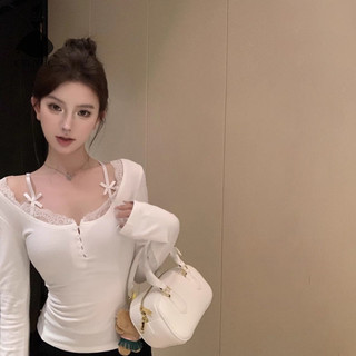 Crlnhc Áo Nữ Tay Dài Nơ Ren Chắp Vá Màu Trơn Áo Thun Dài Tay Hottie Slim Crop Top vn