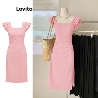 Đầm Lovito xếp nếp màu trơn thường ngày cho nữ L77ED159
