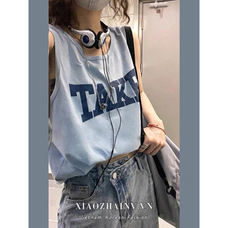 Xiaozhainv Áo thun không tay in hình thể thao thời trang Hàn Quốc quần áo nữ dáng rộng Y2K top